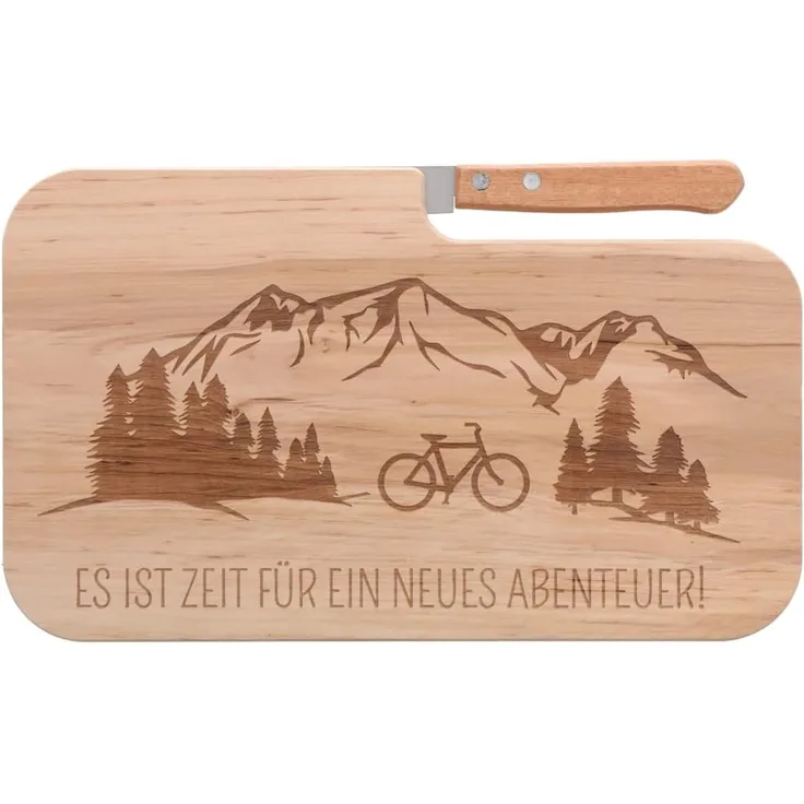Spruchreif® Schneidebrett Brotzeitbrett mit Messer, Gravur Holzbrett, Geschenk für Radfahrer