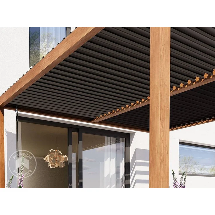 PRIMEYARD Pergola 4x4 m Aluminium-Pfosten mit Lamellendach aus Stahl holzfarbene Terrassenüberdachung – Bild 5