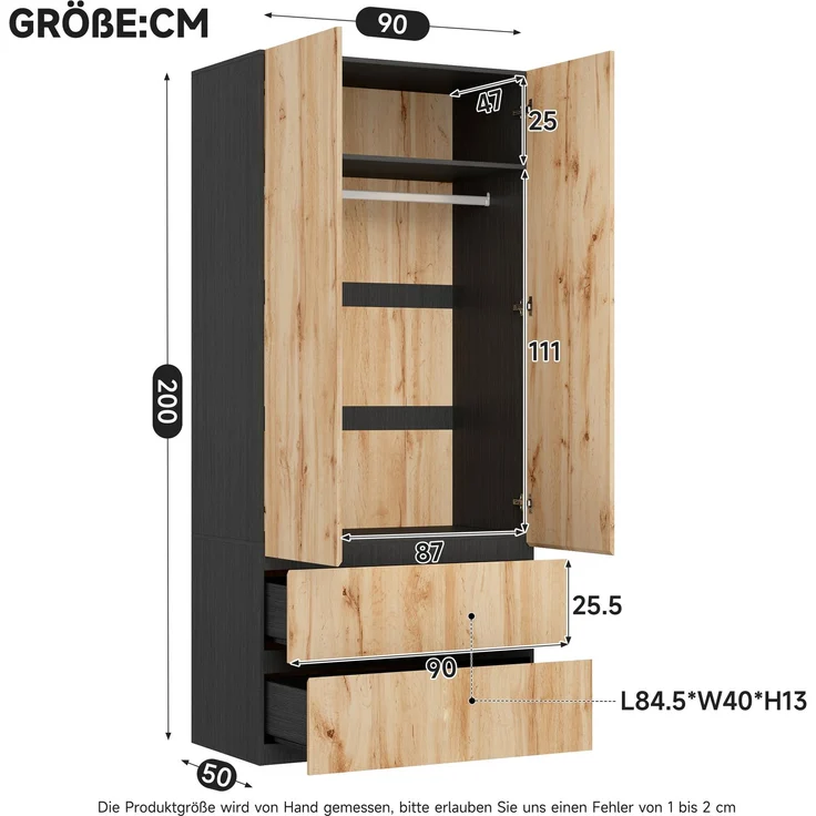 Kleiderschrank Garderobenschrank, 90 x 50 x 200 cm, mit 1 Kleiderstange, 2 Schubladen und 2 Türen, moderner Hochschrank für Schlafzimmer, Flur, Kinderzimmer oder Büro (Eiche Artisan/Weiß)--Holz--90x50x200cm--YOUDENOVA – Bild 9