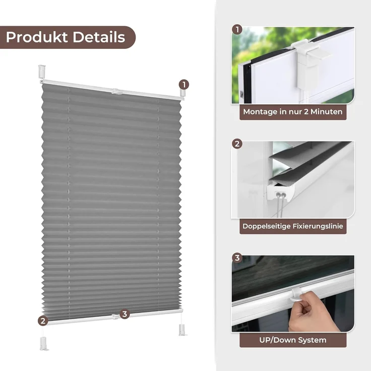 Allesin Plissee ohne Bohren Plissees Klemmfix Anthrazit 40x100 cm(BxH), Plisseerollo Faltrollo mit Klemmträger, Jalousie Rollos für Fenster und Tür, Sichtschutz und Sonnenschutz – Bild 2