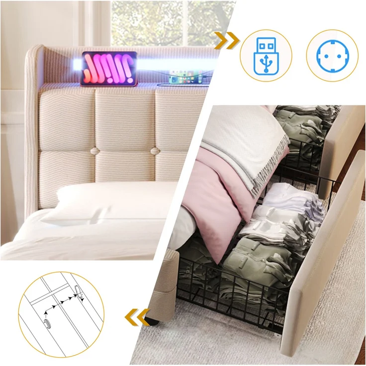 Einzelbett 90 × 200 cm mit Steckdosen,USB-Anschlüssen und LED-Beleuchtung,2 Schubladen,Leinenbezug in Beige – Bild 5