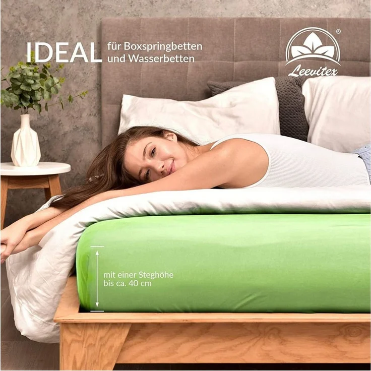 leevitex® Spannbettlaken 140x200 cm - 160x200 cm | Spannbetttuch Bettlaken | 100% Jersey Baumwolle | Matratzenhöhe bis 25 cm | Öko-Tex | Apfelgrün/Hellgrün – Bild 4