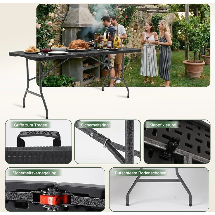 Sekey Buffettisch Tisch Klappbar Kunststoff 180 cm Campingtisch mit Tragegriff Partytisch Klapptisch Gartentisch für Garten Terrasse und Balkon, Schwarz Rattanoptik – Bild 6