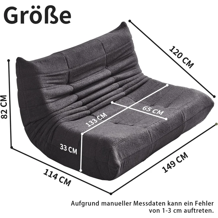 2-Sitzer Loungesofa 149x114x82 cm, Grau, Teddy-Vlies, ergonomisch, Plisseefalten-Design – Bild 10