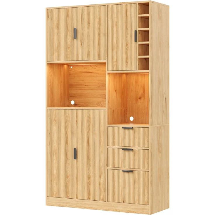 ZUBALIYA Weinschrank 105x40x180 cm, mit LED-Beleuchtung, mit Steckdosen, mit verstellbaren Einlegeböden, aus MDF, Natur – Bild 15