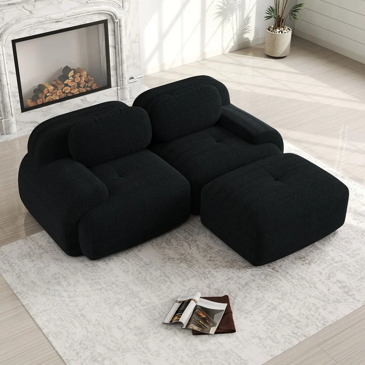2-Sitzer Sofa 208×178×75 cm aus Cordstoff rahmenlos modular mit 1 Ottomane, schwarz – Bild 2