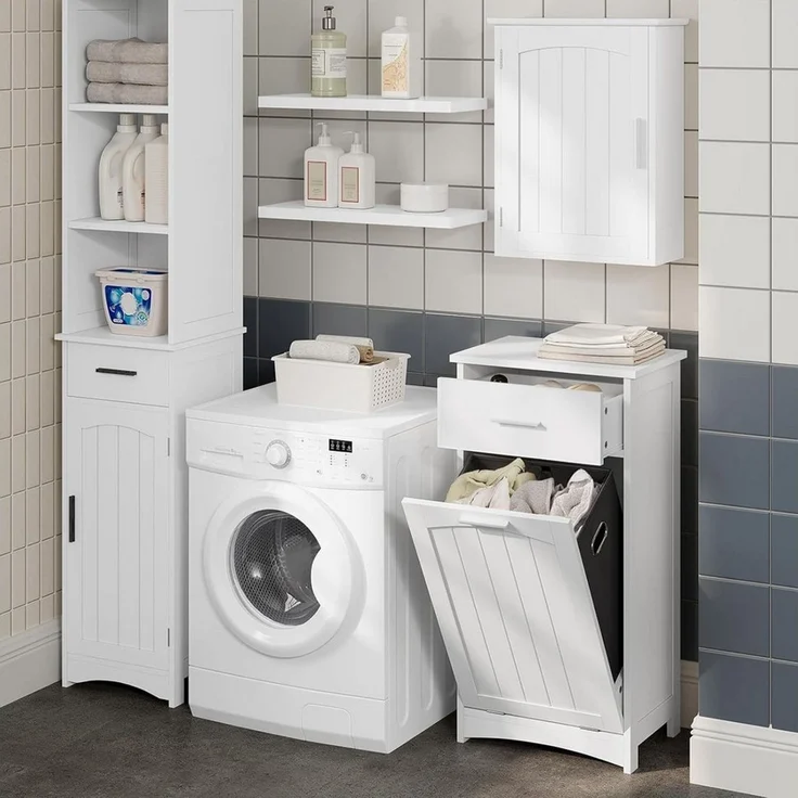 EUGAD Badkommode (1 St), Badezimmerschrank mit ausklappbarem Wäschekorb,2 Fächern – Bild 3