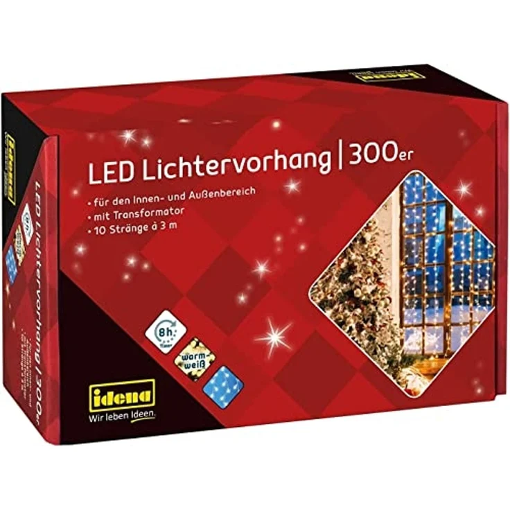 Idena LED-Lichtervorhang 300er, warmweiß, 3 x 3 m, 10 Stränge, für innen und außen, mit 8h-Timer – Bild 2