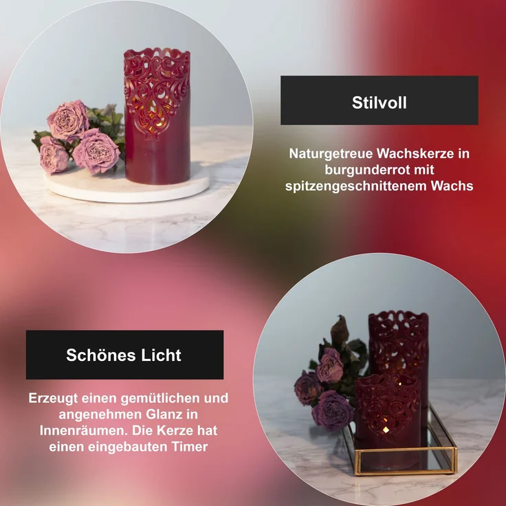 LED Echtwachskerze -Clary', Batterie und Timer, dunkelrot, 15cm – Bild 4