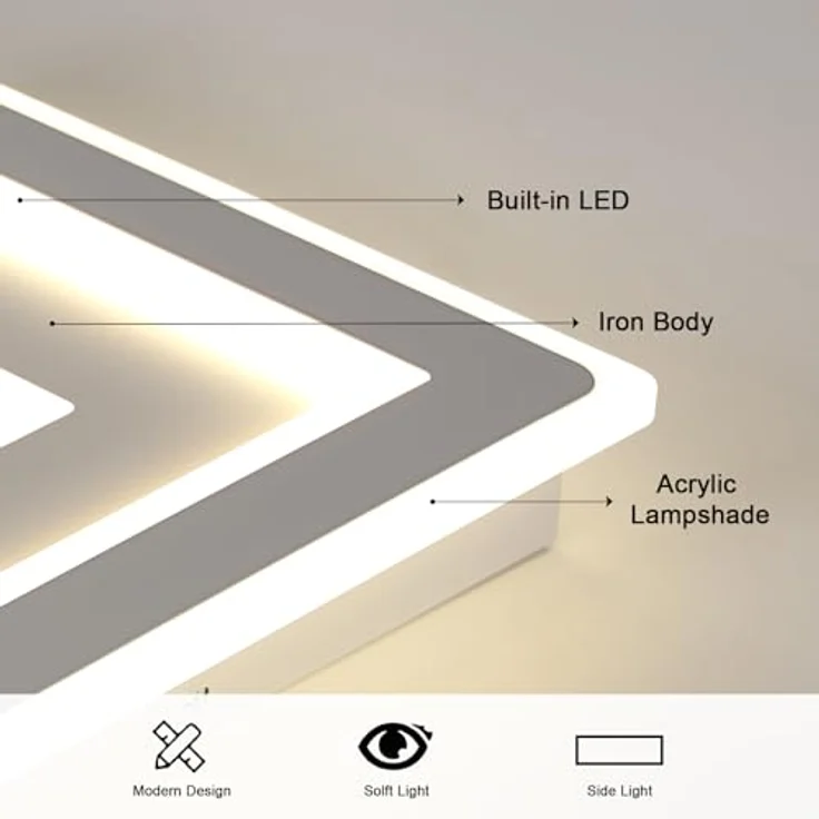 Comely Deckenleuchte Quadrat, Moderne LED Deckenlampe 42W 4725LM 30cm Acryl Deckenbeleuchtung, Weiße Lampe für Schlafzimmer Wohnzimmer Flur, Natürliches Licht 4500K – Bild 4