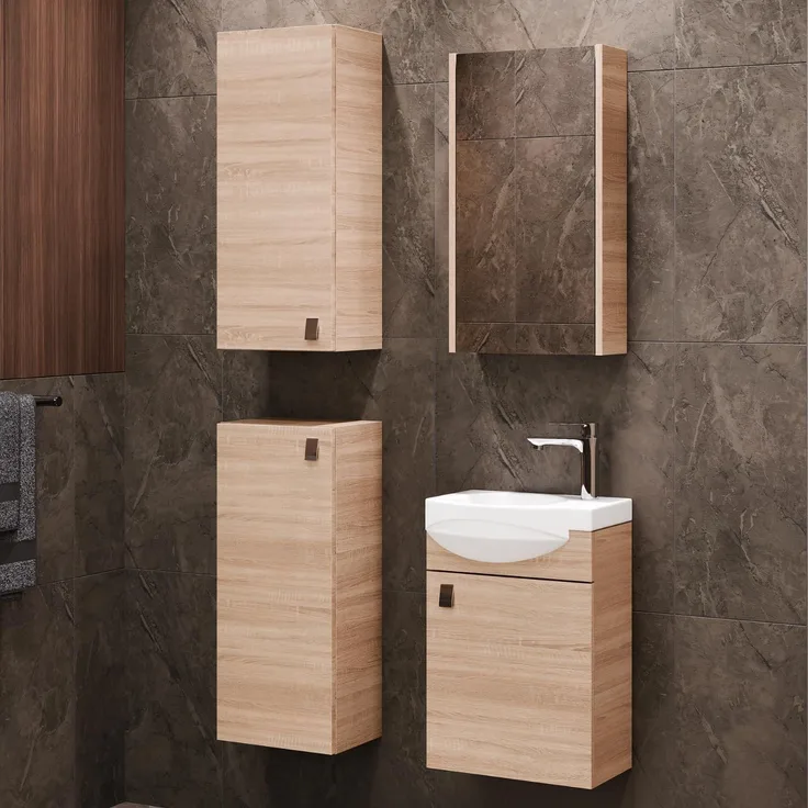 Planetmöbel Badset komplett aus Unterschrank 40cm mit Waschbecken, Spiegelschrank und 2X Midischrank in Sonoma Eiche, Komplettset für Badezimmer 5-teilig