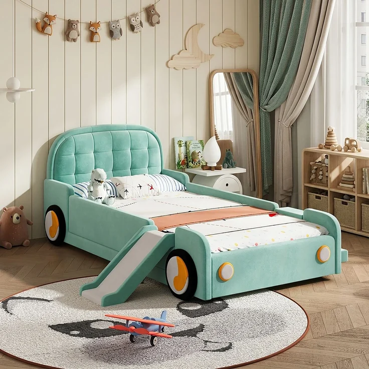 Kinderbett, Autobett mit Rutsche und Treppe, links/rechts montierbar, weiches Polsterbett in Blaugrün, Spielbett mit Fallschutz für Kinderzimmer, 90x200 cm – Bild 4