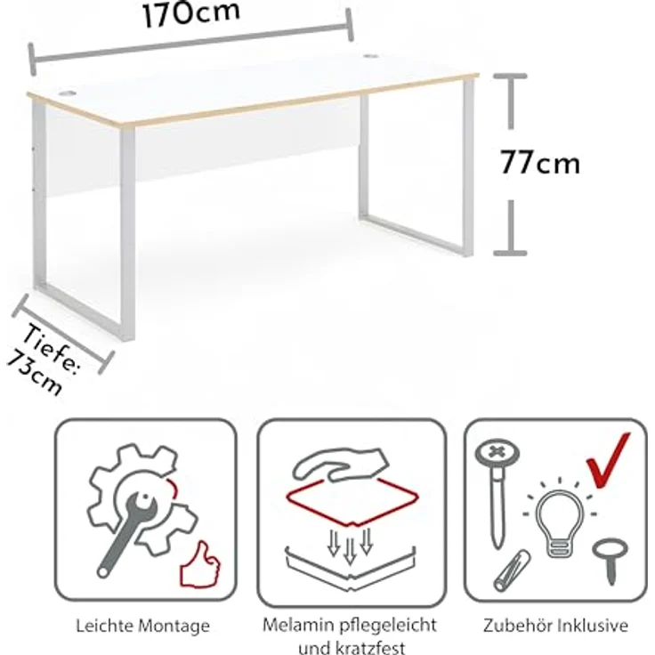 Stella Trading Memphis Schreibtisch in Weiß, Artisan Eiche Optik - Moderner Bürotisch Computertisch mit Metallgestell & Kabeldurchführungen - 170 x 77 x 73 cm (B/H/T) – Bild 4