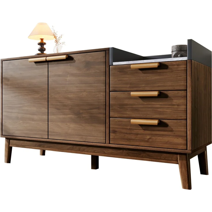 Merax Wohnzimmer Kommode mit Marmor-Optik Platte - Offene Ablage + 3 Schubladen & Doppeltürschrank (innen höhenverstellbar) - Massivholzbeine & kehrroboterfähig, H77/B120/T40 cm – Bild 10