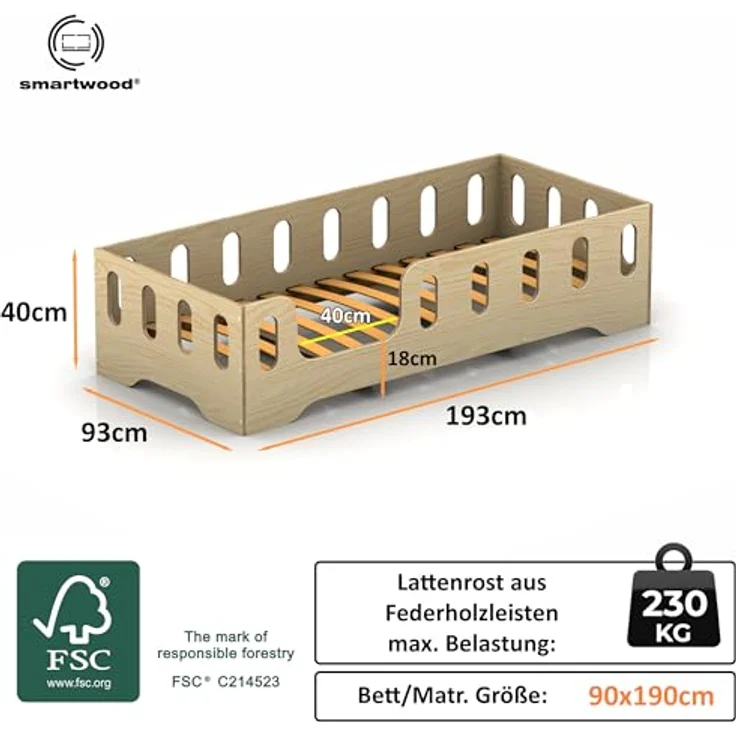 smartwood Kinderbett Bodenbett 90x190 mit Rausfallschutz & Lattenrost - Senfgelb - Kinder Montessori Bett TILA 2L mit glatten Kanten - Betten für schnelle Montage - Bis 230 kg belastbar – Bild 3