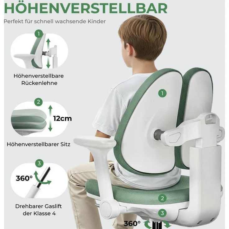 HOKO Kinderstuhl Höhenverstellbarer, mitwachsender Kinder Stuhl (Ergo Study Kid Kinder Schreibtisch Stuhl, Sitz und Rücken separat verstellbar. Ergonomisches Sitzen für Kinder, 1 St) – Bild 2