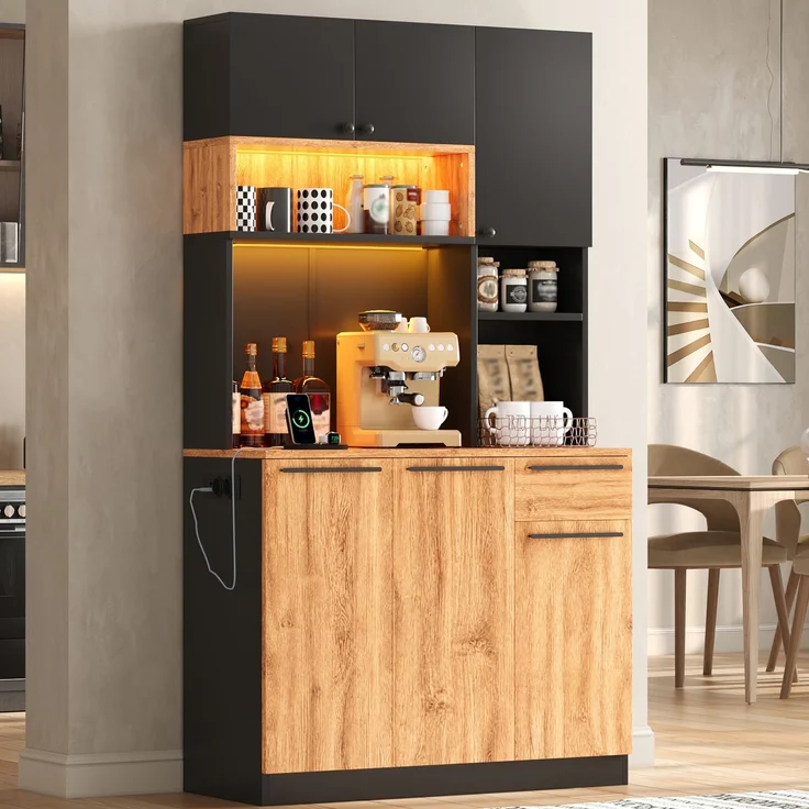 ZUBALIYA Buffetschrank 100x40x180 cm, mit LED-Beleuchtung, mit Steckdosen, mit 6 Türen, aus MDF, Natur – Bild 1