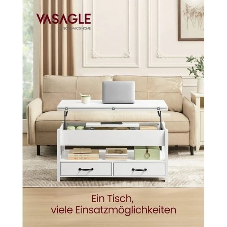 VASAGLE Couchtisch, Wohnzimmertisch, Gaszylinder, höhenverstellbar, viel Stauraum, Kaffeetisch, für Wohnzimmer, weiß – Bild 3