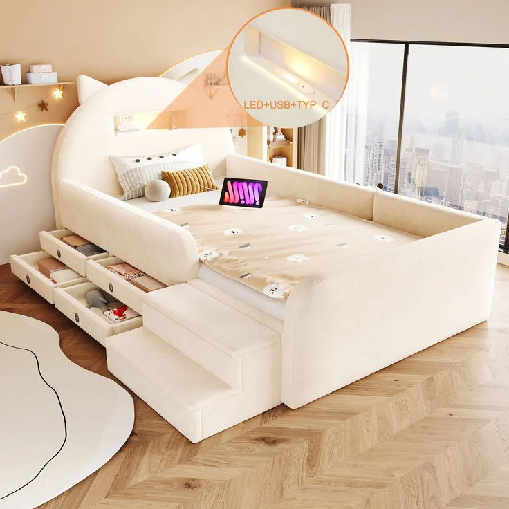 LVHOM Kinderbett 90x200cm mit Rausfallschutz, Polsterbett mit Nachtlicht, USB, Schubladen und Stufenbank, Samt, Beige – Bild 6