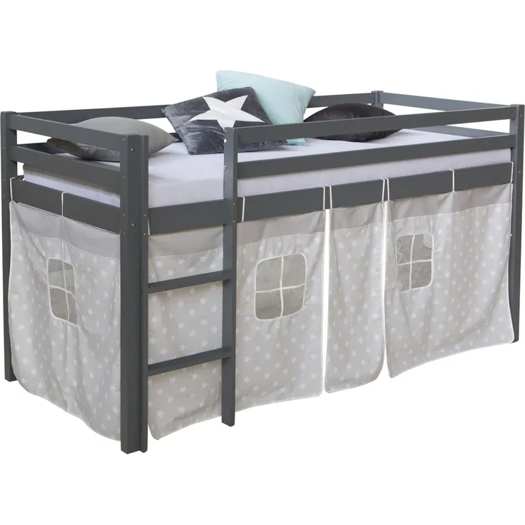 Hochbett Spielbett Kinderbett Kiefer Leiter Vorhang grau 90x200