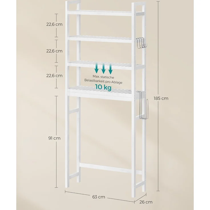 Songmics 4-stöckiges Toilettenregal, verstellbare Ablagen, Bambus wolkenweiß, 185 x 26 x 63 cm – Bild 3