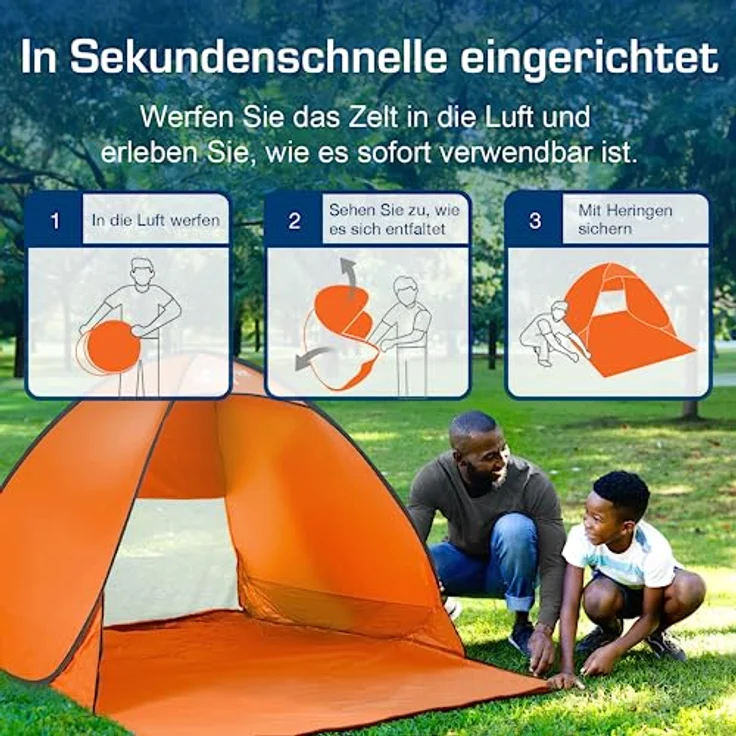 Active Era Pop Up Strandmuschel mit UV Schutz, UPF 50+ Strandzelt, Windschutz Strand, Zelt für 2-3 Personen inkl. Tragetasche und Heringe - Orange – Bild 3