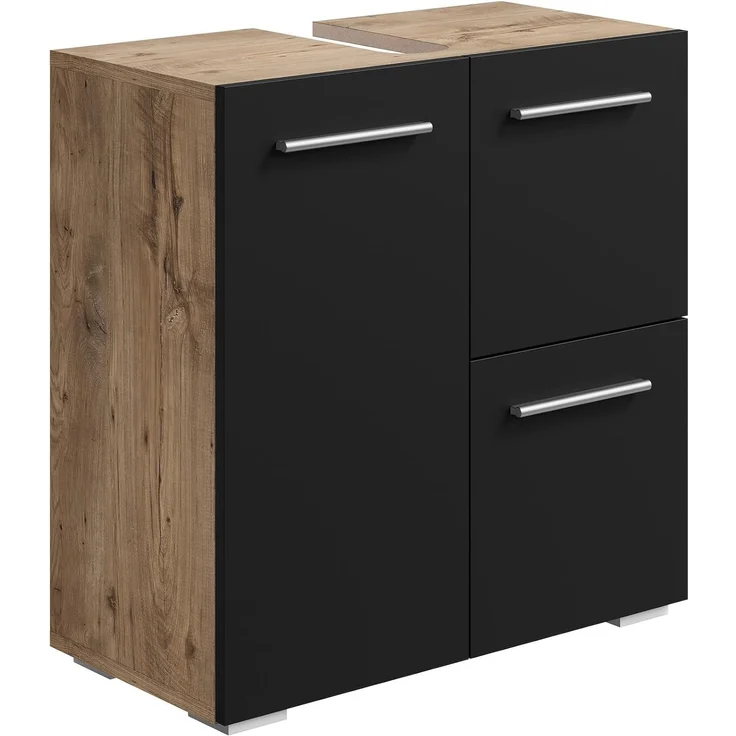 Badplaats Waschbeckenunterschrank Mars 60 x 30 cm Kastanien Eiche mit Schwarz Matt - Stehender Badezimmerschrank mit 2 Türen und 1 Schublade – Bild 1