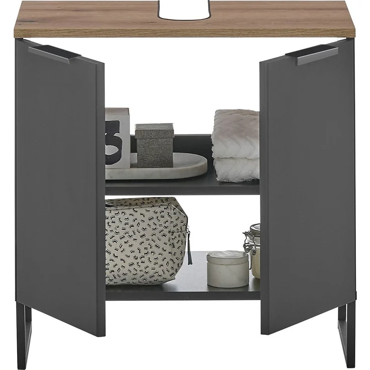 Waschbeckenunterschrank >Denver< 2 Türen, schwarz matt / Evoke Eiche dekor - 60x60x35cm (BxHxT) – Bild 4