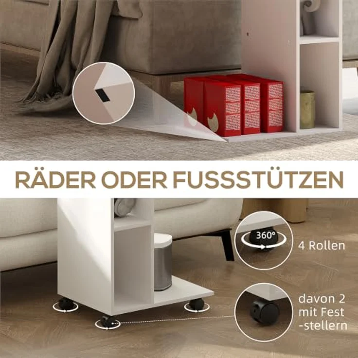 HOMCOM Beistelltisch C-Form Nachttisch mit 4 Regalen, Rollen, Couchtisch, Wohnzimmertisch Laptoptisch für Wohnzimmer Schlafzimmer 40 x 30 x 69 cm Weiß – Bild 7