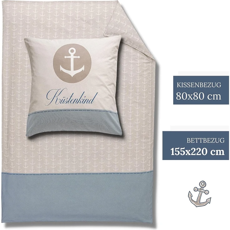 MTOnlinehandel Bettwäsche Küstenkind Anker, 100% Baumwolle, ideal als Partnerbettwäsche, Renforcé, 2 teilig, maritime Anker Bettwäsche gestreift – Bild 2