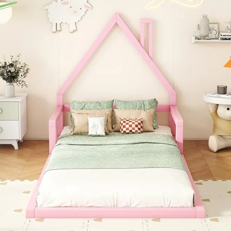 FAVSH Hausbett 90x200 cm Kinderbett mit Rausfallschutz, Lattenrost und Hausdach-Design, Jugendbett aus Kiefernholz, Einzelbett für Kinder und Jugendliche, Bodenbett Rosa – Bild 7