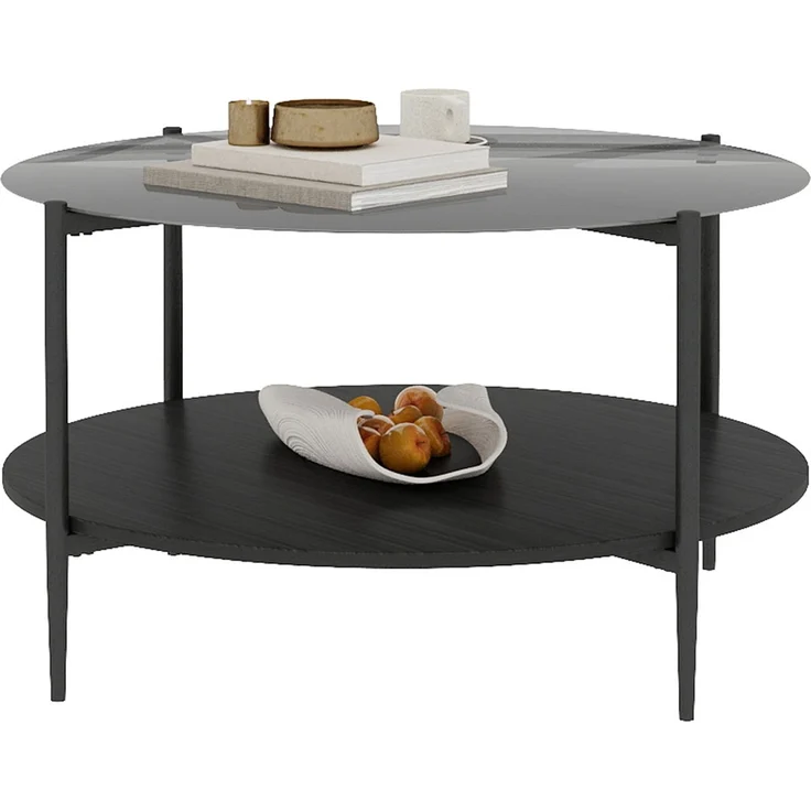 Couchtisch 82 x 82 x 45 cm, mit runder Tischplatte, mit Glastischplatte, aus Glas und Eisen und Holz, Schwarz – Bild 11