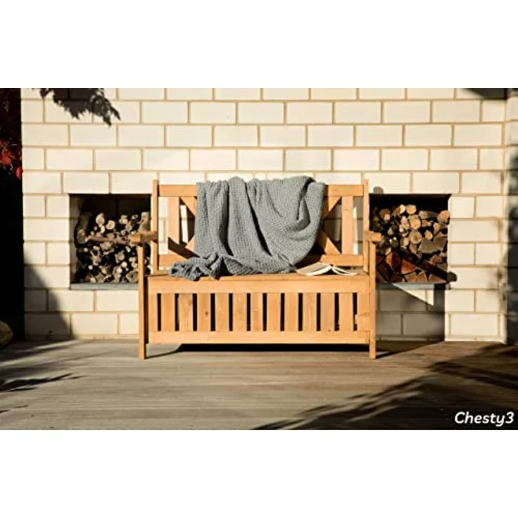 needs&wants Chesty3 Zoll Gartenbank Holz wetterfest, 2-Sitzer Truhenbank mit Stauraum, Dunkelbraun, Massivholz mit Abdeckung – Bild 2