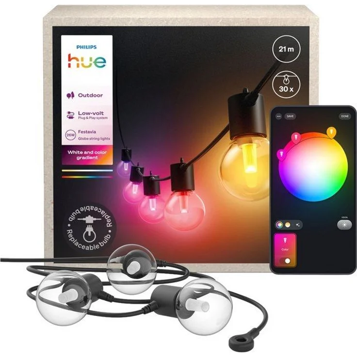 Philips Hue Festavia Globe Außenlichterkette, White and Color Ambiance, 21 M, 30 Lampenkugeln, dimmbar, Steuerung per Hue App, funktioniert mit Alexa, Google Assistant und Apple Home – Bild 4