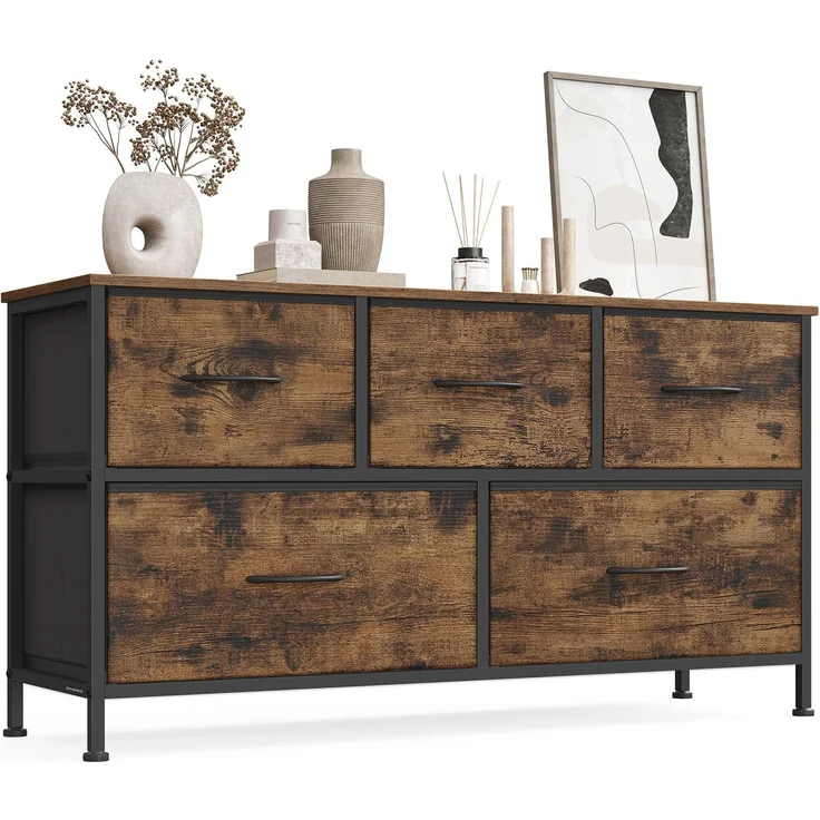 SONGMICS Kommode, Schrank, 5 Stoffschubladen, Aufbewahrungsschrank, Stahl, MDF, Vliesstoff, für Schlafzimmer, Flur, Wohnzimmer, vintagebraun-tintenschwarz LGS322BH04