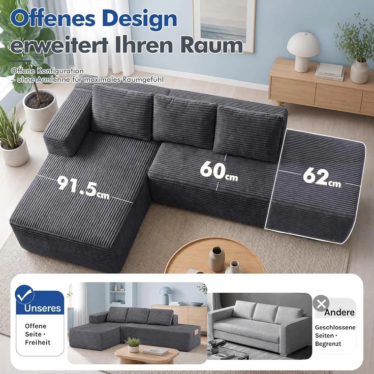 COMHOMA Ecksofa mit Schlaffunktion, 255cm Corduroy Modulares Boneless Couch mit Chaiselongue & Rücken-Metallgestell, L-Form Schlafsofa mit offenem Design, Kissen & Seitentaschen,für Wohnzimmer, Gris-R – Bild 8