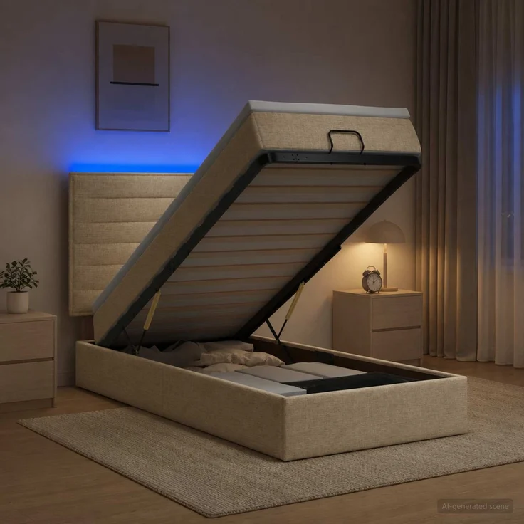 vidaXL Ottoman-Bett mit Matratze und LED Creme 90 x 200 cm Stoff 3457963 – Bild 4