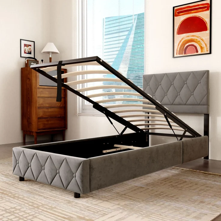 Polsterbett 90x200 cm mit Aufbewahrungsbox, Grau, Kunstleder, Lattenrost (ohne Matratze) – Bild 5