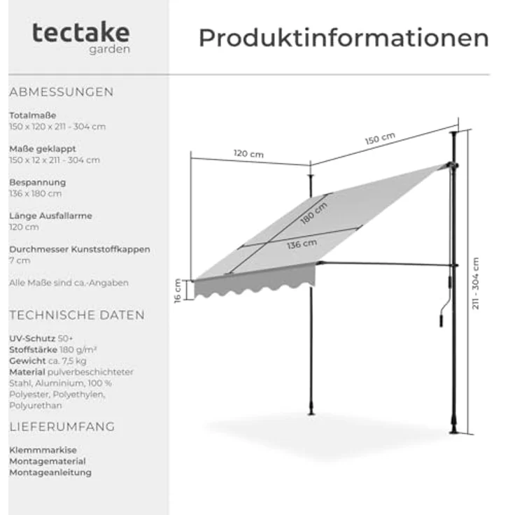 tectake® Klemmmarkise mit Handkurbel, Balkon Markise ohne Bohren, Markise höhenverstellbar, UV-beständig, wasserabweisend, Terrassenüberdachung, Sonnenschutz Terrasse & Balkon, Breite 150 cm -hellgrau – Bild 7
