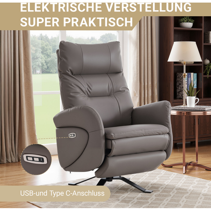 HOME NATURE WOHNKONZEPT Elektrischer Relaxsessel mit USB-Anschluss, elektrisch verstellbarer TV-Sessel mit Liegefunktion, Kunstleder Braun, bis 350 kg, FT9207-A – Bild 5