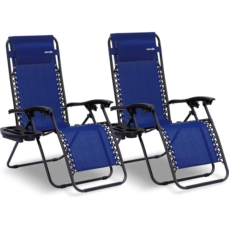 SereneLife Gartenliege Wetterfest, Sonnenliege Klappbar & Verstellbar als Liege, Sonnenstuhl als Gartenbett, Deckchair 2er Set Dunkelblau, Klappliegestuhl mit Seitentisch, Kopfkissen & Getränkehalter