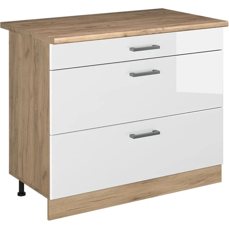 Küchenunterschrank R-Line Weiß Hochglanz/Goldkraft Eiche 100 cm Arbeitsplatte Goldkraft Eiche Vicco – Bild 1