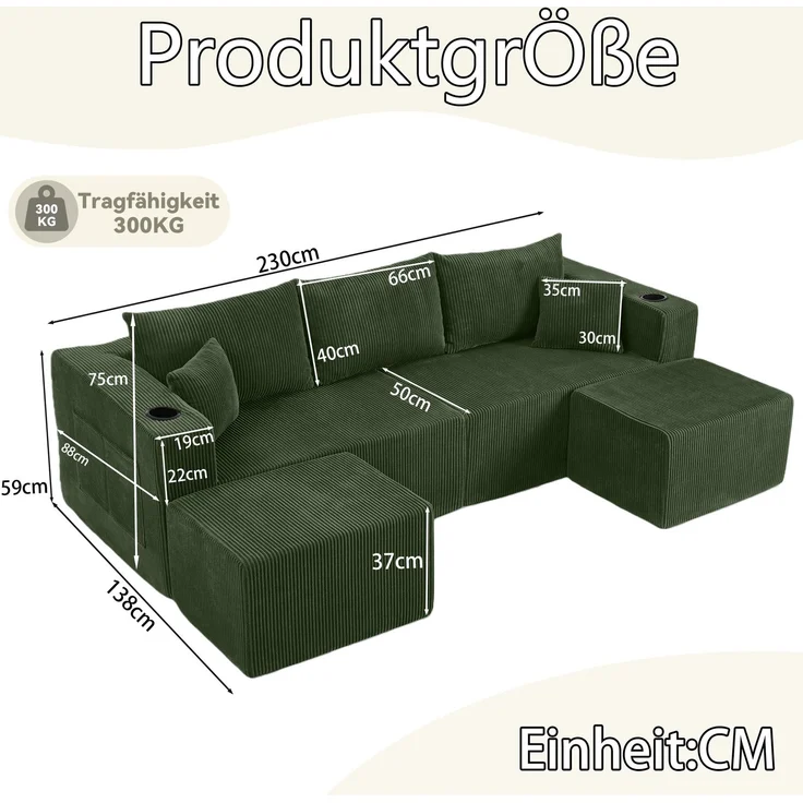 EINHOM 3-Sitzer modulares Ecksofa, komprimiertes L-Form Sofa mit beweglichen Ottomanen, weicher Cordstoff, Getränkehalter, Seitentasche und Kissen, geeignet für Wohnzimmer, Hotels und Mietwohnungen, Green – Bild 2