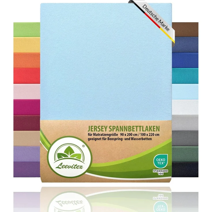 leevitex® Spannbettlaken, Premium 170g/m², Gummizug: rundum, schwer und dick, 100% Jersey-Baumwolle, Hellblau / Himmelblau, 140 x 200 - 160 x 220 cm – Bild 1