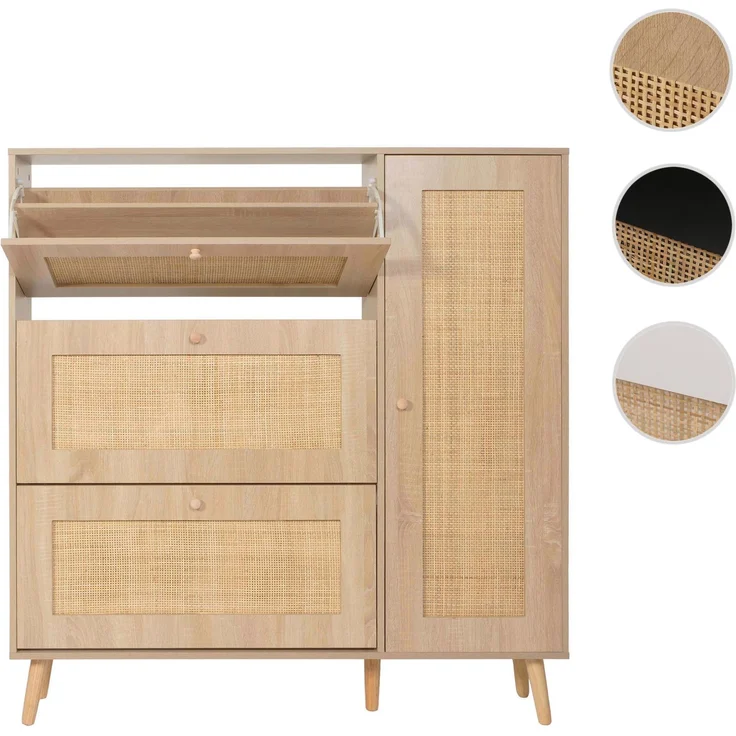 Rattan-Schuhkipper HWC-M37, Schuhregal Schuhschrank, 3 Kippfächer 2 Regalböden 127x120x24cm Holz Melamin ~ Eiche-Optik – Bild 10