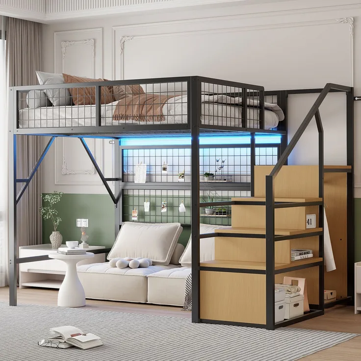 EINHOM Eisenbett, Etagenbett, Hochbett 140 x 200 cm, Geeignet für Kinder und Jugendliche Vielseitiges, Metall-Hochbett mit APP-gesteuerten LED-Lichtleisten Treppe mit Stauraum, Offenem Kleiderschrank Schwarz (Ohne Matratze)