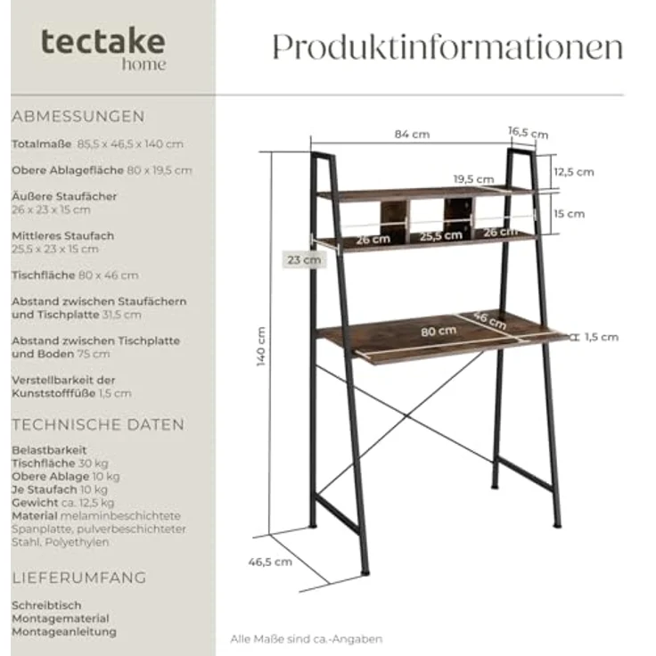 tectake Schreibtisch Computertisch Exeter 85,5x46,5x140cm (1-St, 1 tlg), Rustikaler Schreibtisch im schnörkellosen Industrial Style – Bild 2