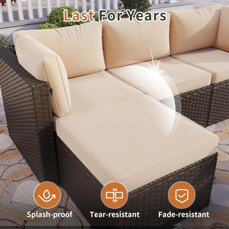 Aoxun Gartenmöbel Set Polyrattan 3-teilig mit 7,5cm dicken Kissen & Glas-Couchtisch, wetterfeste Gartenlounge outdoor mit extra langer 196cm Sitzbank, stabiler Balkon Terrassen Außenmöbel Satz (Khaki) – Bild 3