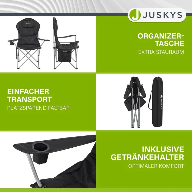 Juskys Campingstuhl Lido mit Getränkehalter & Tasche - Camping Klappstuhl gepolstert - Faltstuhl Angelstuhl Strandstuhl Chair - Stuhl Schwarz – Bild 4