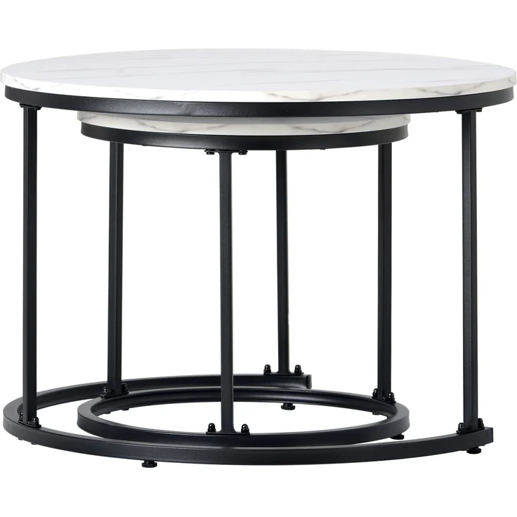 2er Set Runder Couchtisch Weiß-Marmor, Nesting Beistelltisch Wohnzimmer, Moderner Sofatisch aus MDF – Bild 8